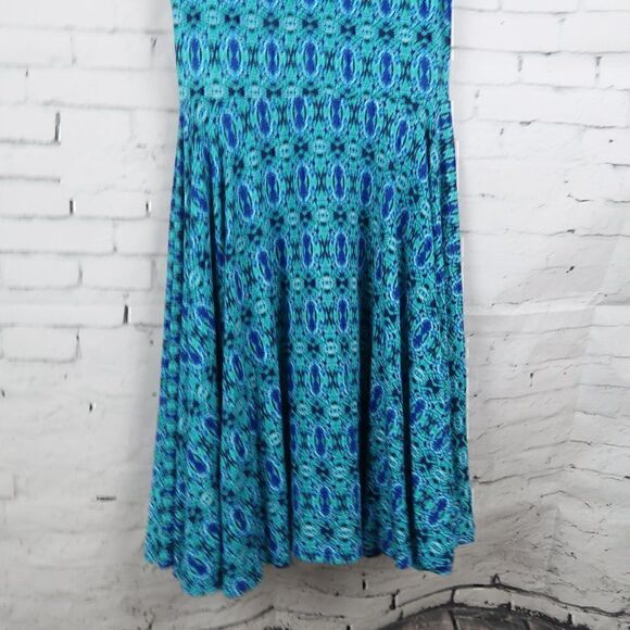 CYNTHIA ROWLEY GREEN & BLUE GEOMETRIC PRINT SLEEVELESS ROUND NECK MIDI DRESS - Picture 5 of 8